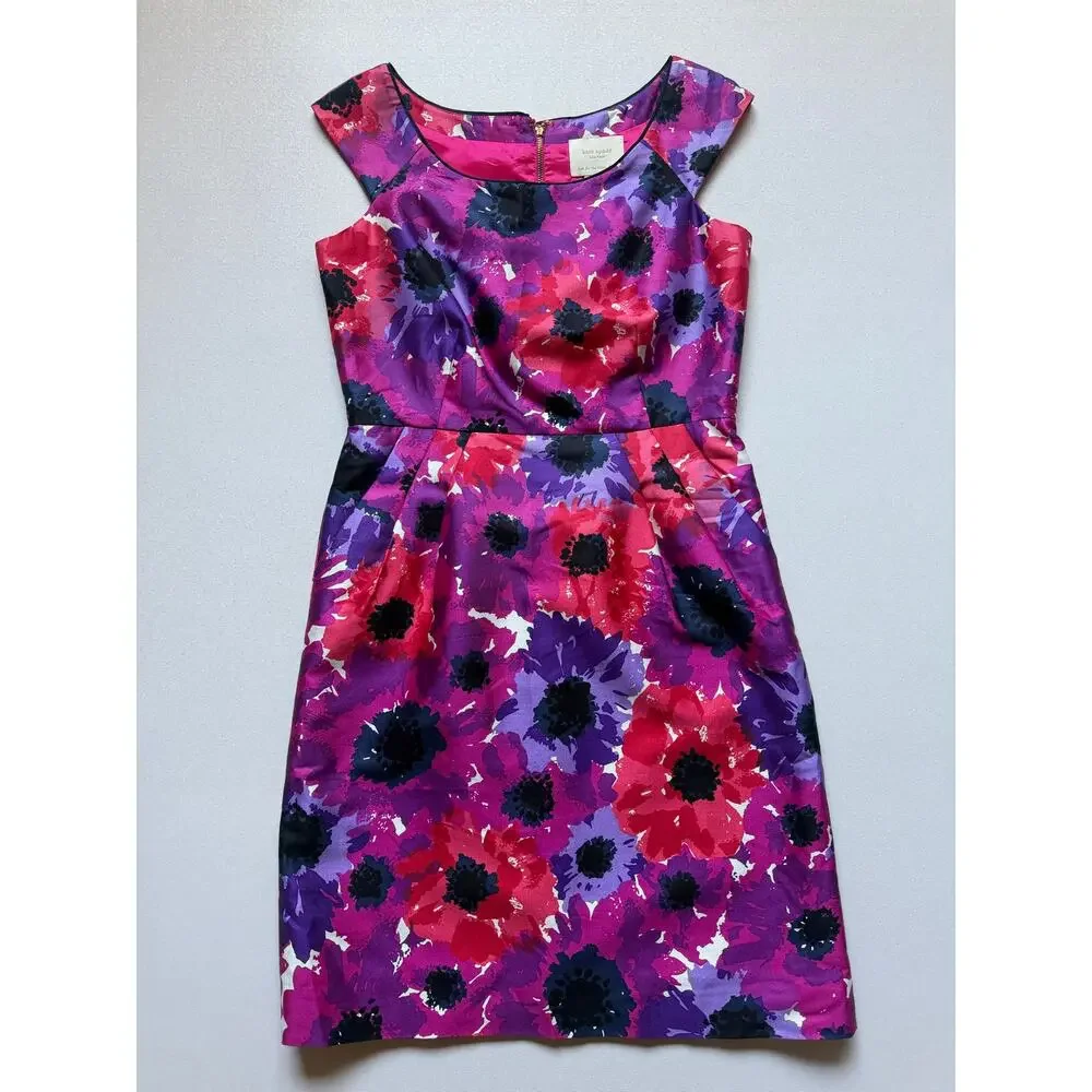 Kate Spade Women's Pink Purple Floral Print Cotton Silk Cap Sleeve Dress Size 2